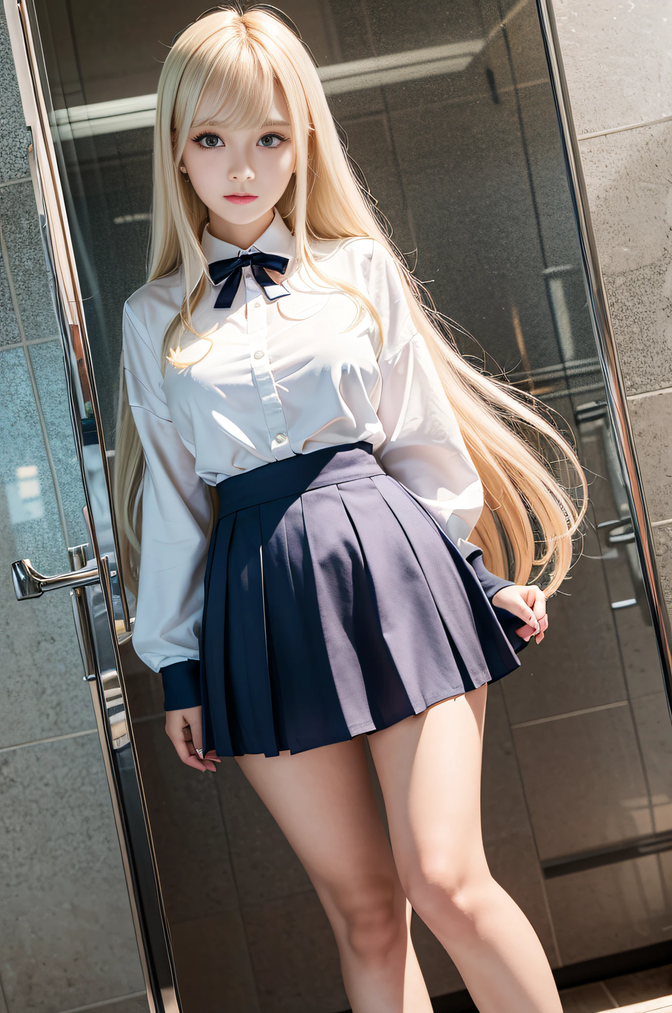 portlate、School Uniforms、bright expression、poneyTail、Young shiny shiny white shiny skin、Best Looks、Blonde reflected light、Platinum blonde hair with dazzling highlights、shiny light hair,、Super long silky straight hair、Beautiful bangs that shine、Glowing crystal clear attractive big blue eyes、Very beautiful nice cute girl、Lush bust、White and beautiful blouse、with slit、((full body seen))、Beautiful face、Clothes look cramped in the chest、Loose and fluffy perm、Pleated skirt with many checked folds、no-bra、Well-formed face、