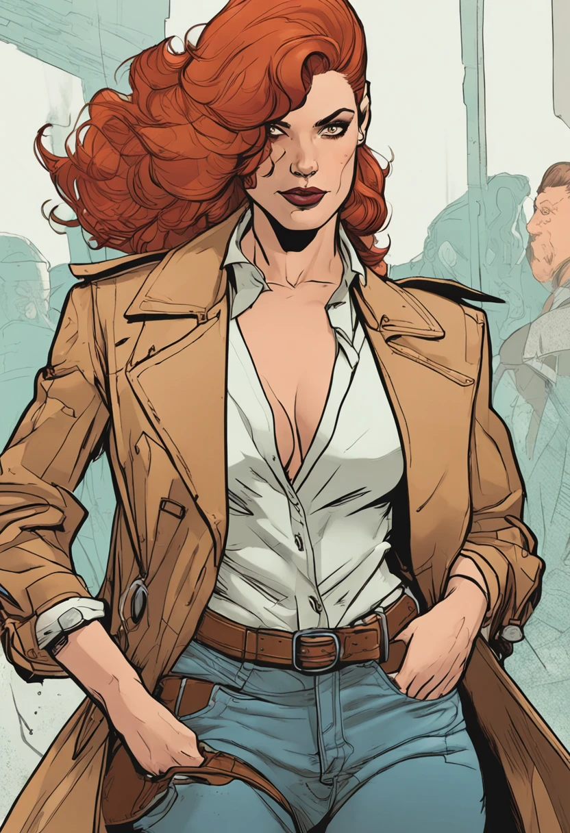 um close up de uma pessoa em um trench coat e jeans, arte oficial do personagem, official character illustration, adam hughes, Closeup da arte do personagem, pesquisadora do sexo feminino, Retrato de corpo inteiro de Jean Grey, arte detalhada do personagem, retrato detalhado do caractere, arte da capa dos quadrinhos de phil noto, Anya, Spy X Family, full-colour illustration, protagonista feminina, Dinah Drake, roupas de detetive
