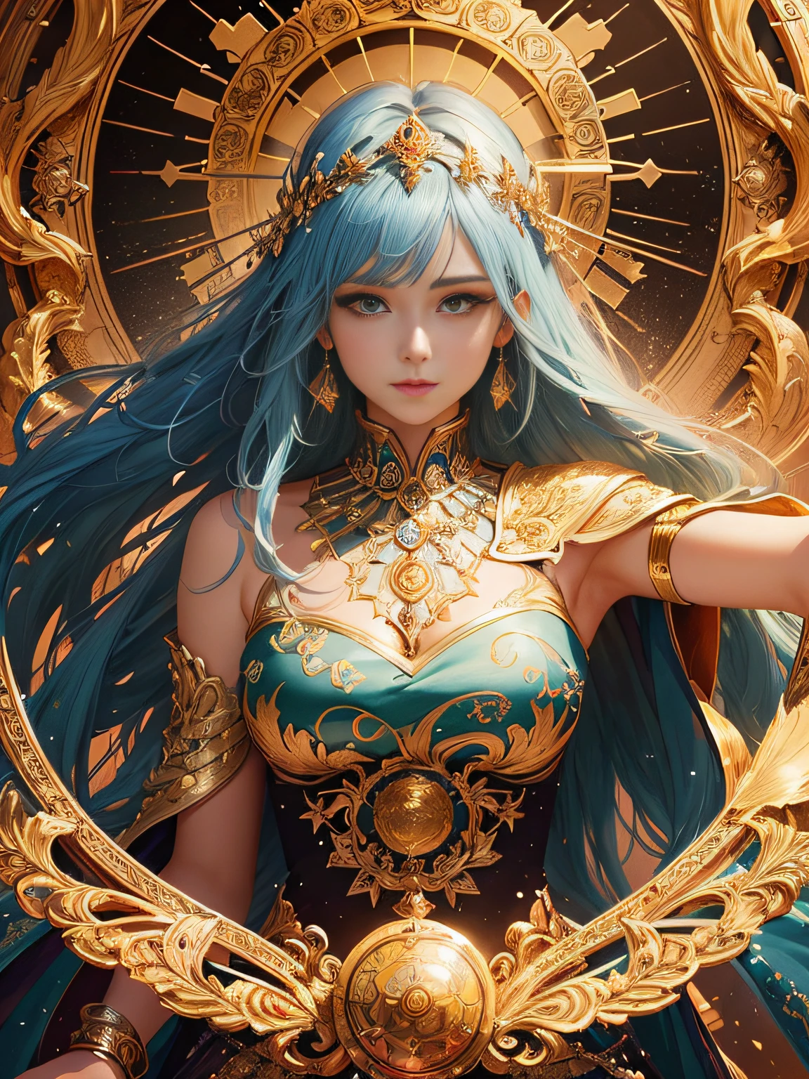 Araved woman with blue hair and blond dress，Holding a golden clock in his hand, Portrait Chevaliers du Zodiaque Fille, 2. 5 D CGI anime fantasy artwork, 8K high quality detailed art, a beautiful fantasy empress, Goddess. Extremely high detail, Fantasy art style, 8K stunning artwork, Anime fantasy artwork, Fanart Meilleure ArtStation, Detailed digital anime art, Anime fantasy illustration