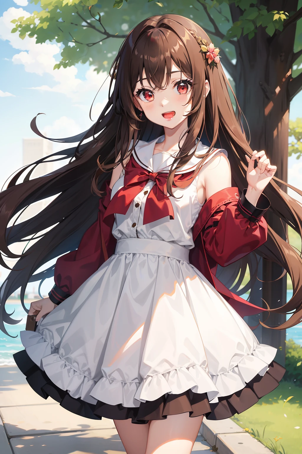 a beauty girl,red eyes、light brown hair,The long-haired、Hair fluttering in the wind、big eye,A slender,Manga style,fulcolor,hi-school girl,lightly dressed、Idol costumes、Open eyes、Wide-eyed and smiling、Laugh with your mouth open very wide