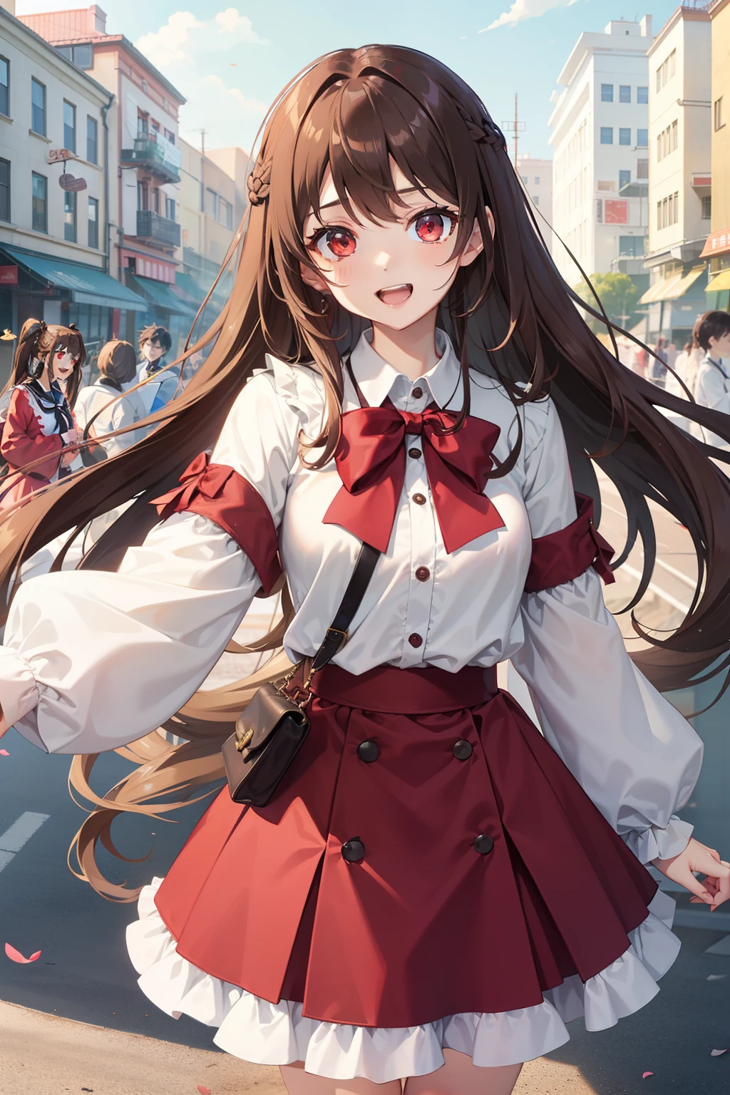 a beauty girl,red eyes、light brown hair,The long-haired、Hair fluttering in the wind、big eye,A slender,Manga style,fulcolor,hi-school girl,lightly dressed、Idol costumes、Open eyes、Wide-eyed and smiling、Laugh with your mouth open very wide