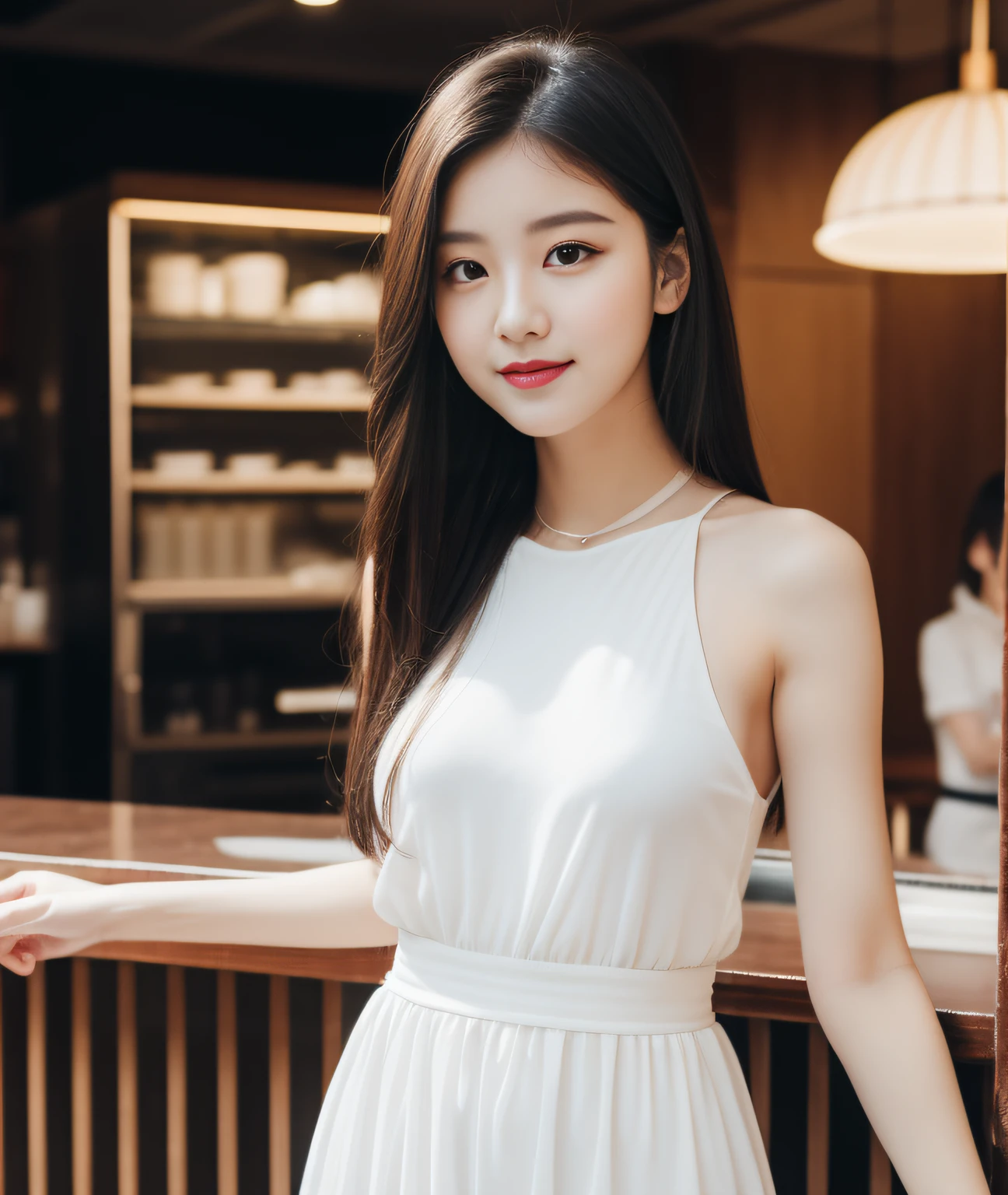 Diffuse lighting、 Highest quality, High resolution, unity 8k wallpaper、Supersaturation, Japanese、1 female、23 years old、Highest quality、8k、超High resolution、Clear photos、Professional Lighting、adult、Long Hair、smile、Ultra slim、Tight waist、Slender body、Hotel Front Desk、Luxury Hotel、reception、Upper body close-up、