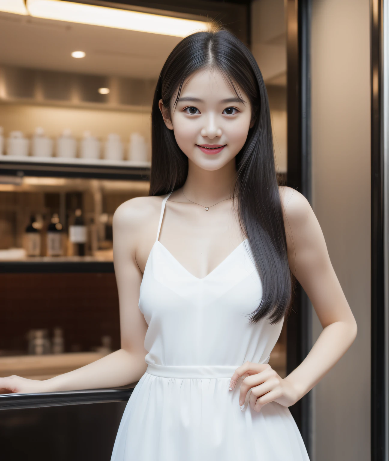 ((Best Quality, 8K, Masterpiece: 1.3)), a beauti, In addition, melon face, Friendly and cute, sweet smile, Pure desire, Slender body, (Full body), (tilted head), ((looking at camera)), White dress, Medium Black Silky Straight Hair, Long flowing shoulders, round black big eyes, clear big eyes, moist red lips, Cafe shop background, ((full body shooting)), school uniformss,