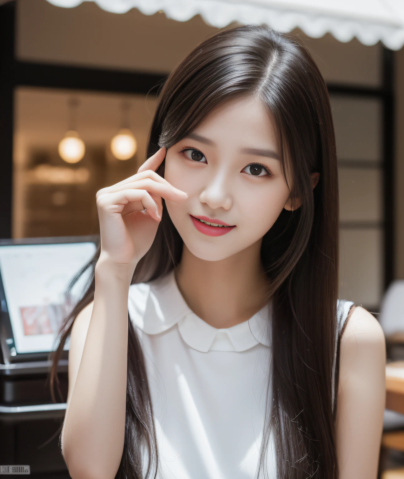((Best Quality, 8K, Masterpiece: 1.3)), a beauti, In addition, melon face, Friendly and cute, sweet smile, Pure desire, Slender body, (Full body), (tilted head), ((looking at camera)), White dress, Medium Black Silky Straight Hair, Long flowing shoulders, round black big eyes, clear big eyes, moist red lips, Cafe shop background, ((full body shooting)), school uniformss,