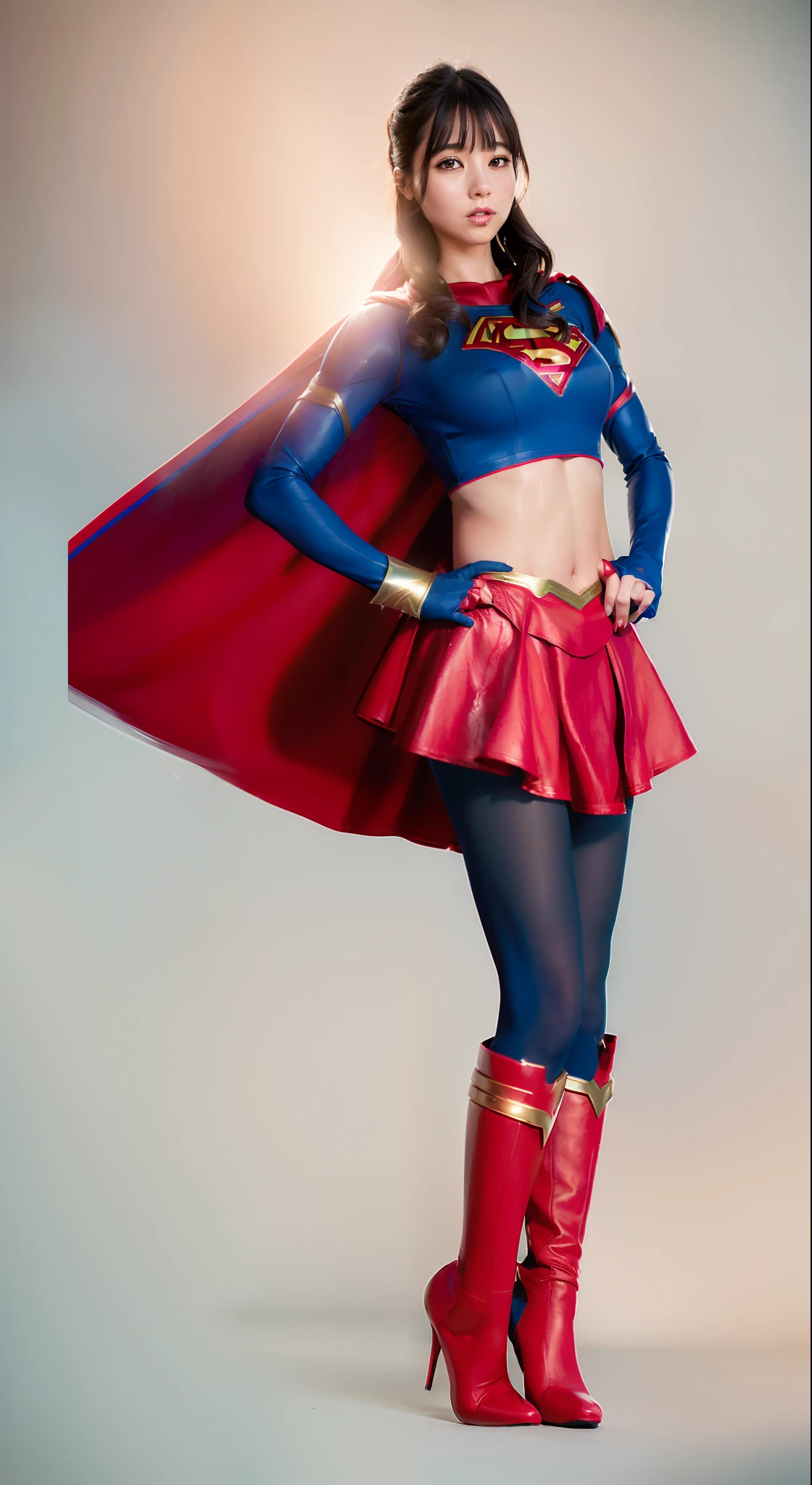 (((Make the most of the original image)))、(((Supergirl Costume)))、(((lustrous dark hair)))、(((Suffering)))、(((The cloak is red)))、((Wearing black stockings))、((Top image quality、8K))、((top-quality、8K、masterpiece:1.3))、Crisp focus:1.2、Beautiful woman with perfect body shape:1.4、Slender Abs:1.2、((layers-Cut、large boob:1.2))、a wet body:1.5、Highly detailed facial and skin texture、