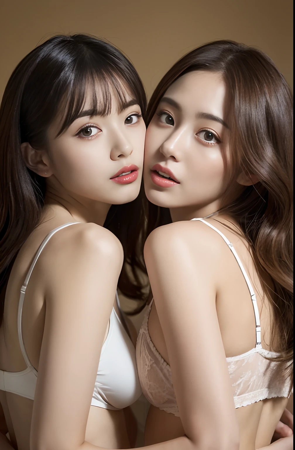 (A hyper-realistic), (illustratio), (hight resolution), (8K), (ighly detailed), (The best illustrations), (beatiful detailed eyes), (top-quality), (ultra-detailliert), (masterpiece), (wall-paper), (详细的脸), Two people press each other with their chests、Girl in underwear, japanes, 20yr old、Two people close、Colossal tits,a bed、Sensual look、Pleasant facial expression、a bed、Upper body close-up
