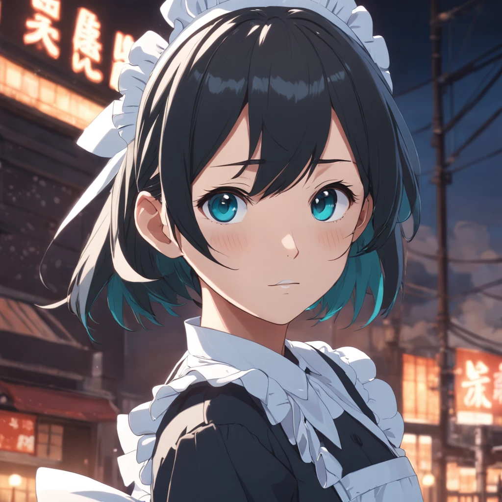 Cinematic Anime maid Makoto Shinkai + medium shot, visible face, detailed face, perfectly shaded, atmospheric lighting, by makoto shinkai, stanley artgerm lau, wlop, rossdraws