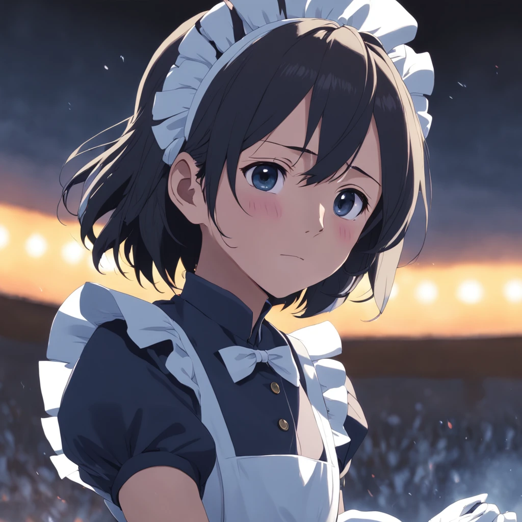 Cinematic Anime maid Makoto Shinkai + medium shot, visible face, detailed face, perfectly shaded, atmospheric lighting, by makoto shinkai, stanley artgerm lau, wlop, rossdraws