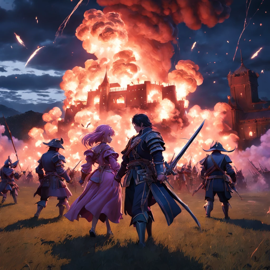 Cinematic Anime battle scene on grassland with Nabrian pirates burning the castles, explosions and purple smoke here and there, pink grass, at night with cumulonimbus clouds by boris vallejo and Edmund Blair Leighton, photorealistic, unreal engine 5, 4k resolution, trending on artstation, masterpiece