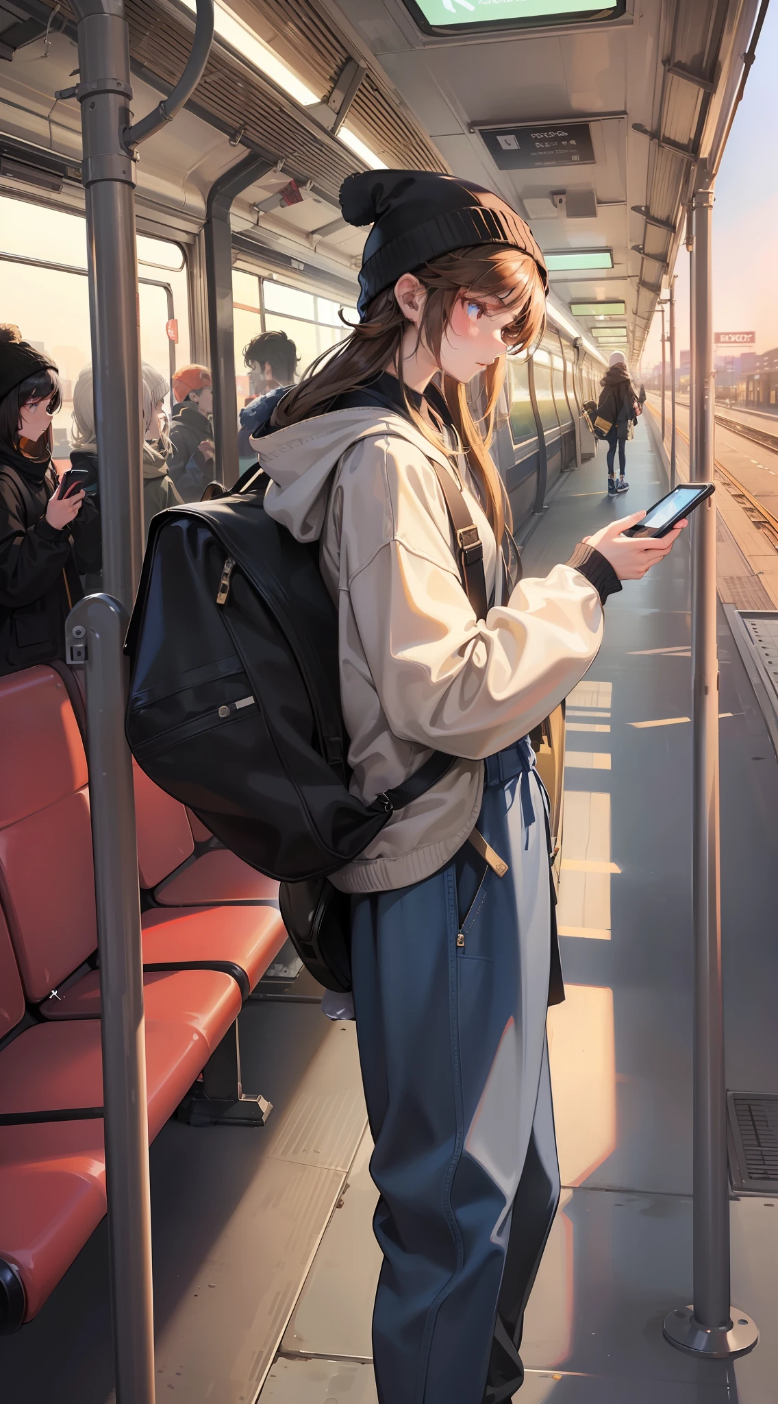 "An artistic masterpiece capturing the ambiance of a train station platform: a solitary girl wearing an oversized sweater, donning headphones, and sporting baggy pants and a beanie. The sideview angle shows her immersed in her phone, oblivious to the oncoming train. A mesmerizing long shot that highlights the surroundings."