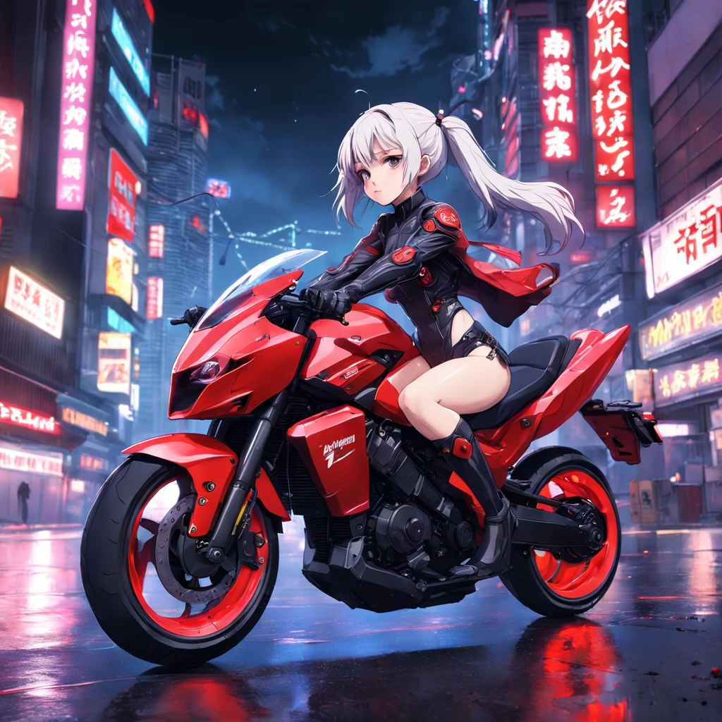 Cinematic Anime Movie Poster of izombie cyborg girl riding motorcycle in futuristic Angelic night tokyo rooftop cyberpunk night, red neon lights,, lightning, cloudy, ISO 200, Reference Mark, Car ISO 200, 2D 50 mm, octane render, 8K, High Definition, digital art, cute, by WLOP, trending on Artstation, award winning