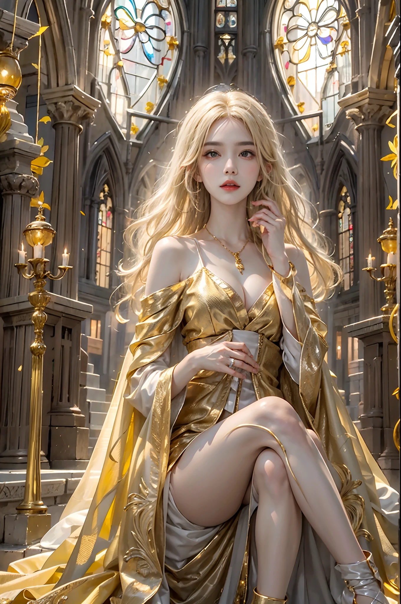 ultra detailed 8k cg,intricate detail,delicate patern,jewelry,gem,gold,golden,gold theme,shiny,glint,sparkle,blonde hair,yellow cloak,yellow eyes,rich,prestige,gothic architecture,(topless:1.1),