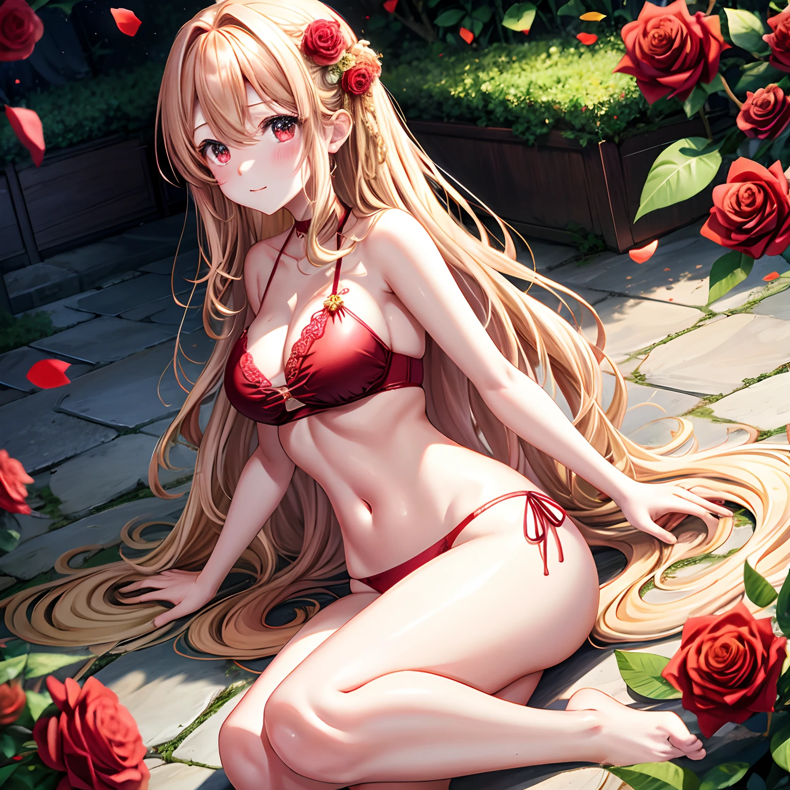 red blush、Wavy blonde hair、red eyes、Beautiful girl alone、animesque、独奏、The bikini、A sexy、gravure、rose garden、lonely、
