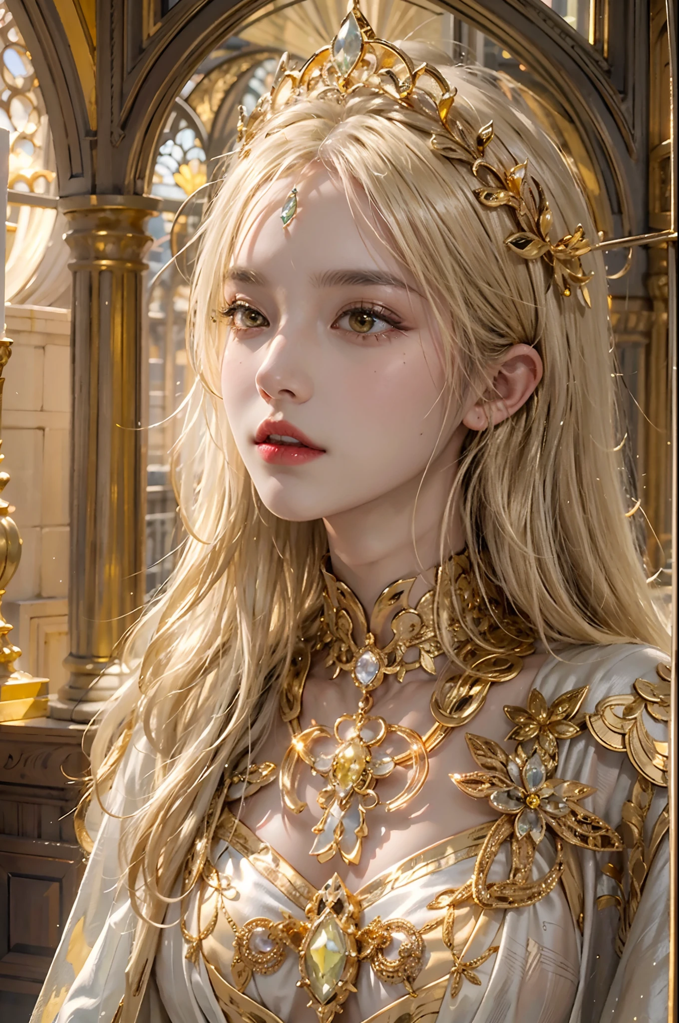 ultra detailed 8k cg,intricate detail,delicate patern,jewelry,gem,gold,golden,gold theme,shiny,glint,sparkle,blonde hair,yellow cloak,yellow eyes,rich,prestige,gothic architecture,(topless:1.1),