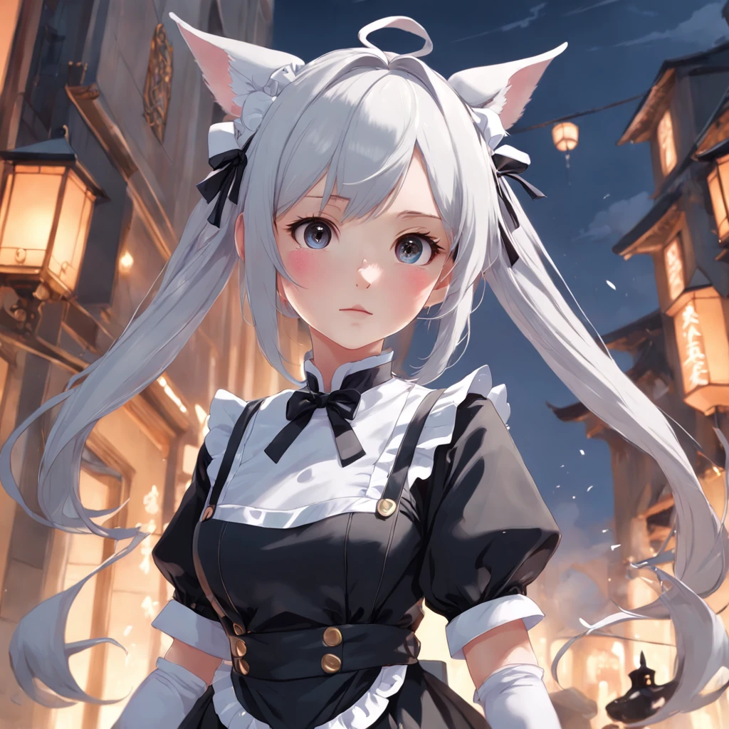 Cinematic Anime maid wearing maid dress. Cute button eyes. Nicely detailed ears. By Ruan Jia and Artgerm and Range Murata and WLOP and Ross Tran and William-Adolphe Bouguereau. Key Art. Fantasy Illustration. award winning, Artstation, intricate details, realistic, Hyperdetailed, 8k