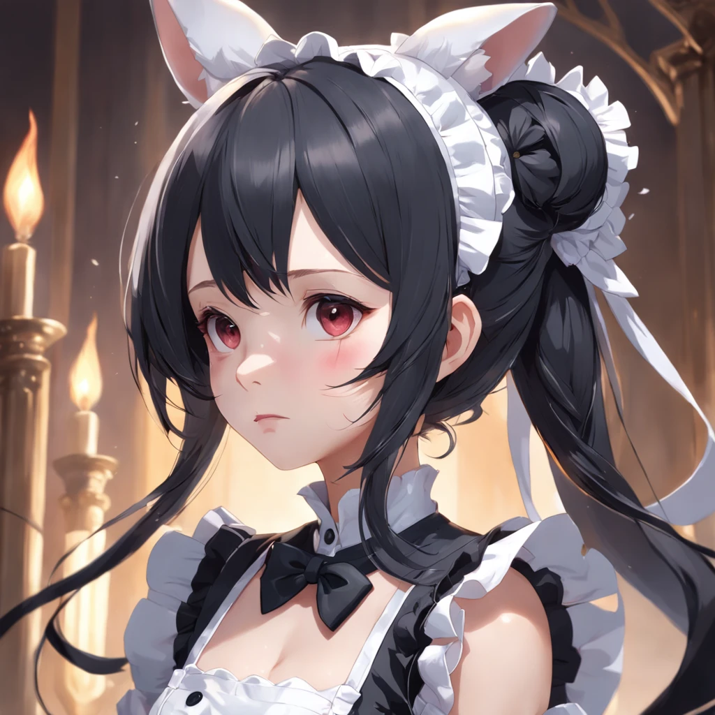 Cinematic Anime maid wearing maid dress. Cute button eyes. Nicely detailed ears. By Ruan Jia and Artgerm and Range Murata and WLOP and Ross Tran and William-Adolphe Bouguereau. Key Art. Fantasy Illustration. award winning, Artstation, intricate details, realistic, Hyperdetailed, 8k