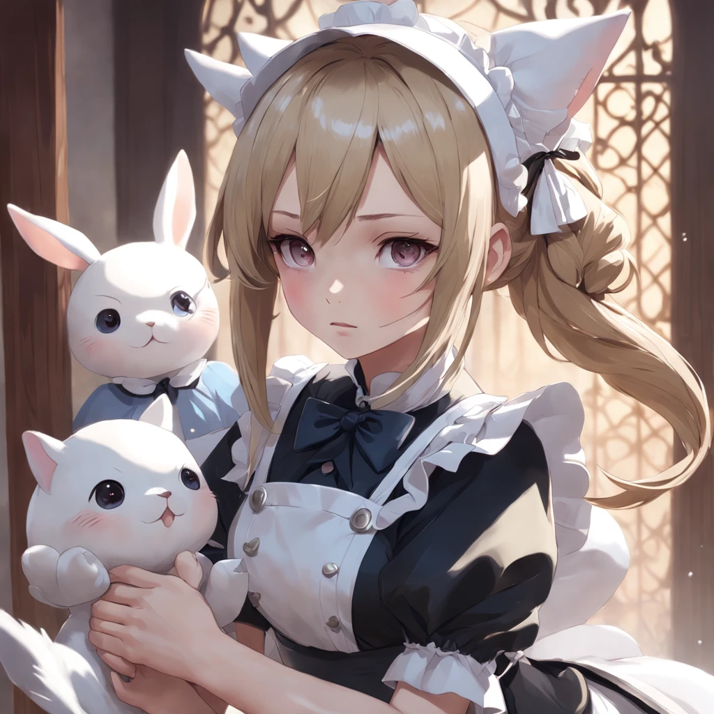 Cinematic Anime maid wearing maid dress. Cute button eyes. Nicely detailed ears. By Ruan Jia and Artgerm and Range Murata and WLOP and Ross Tran and William-Adolphe Bouguereau. Key Art. Fantasy Illustration. award winning, Artstation, intricate details, realistic, Hyperdetailed, 8k