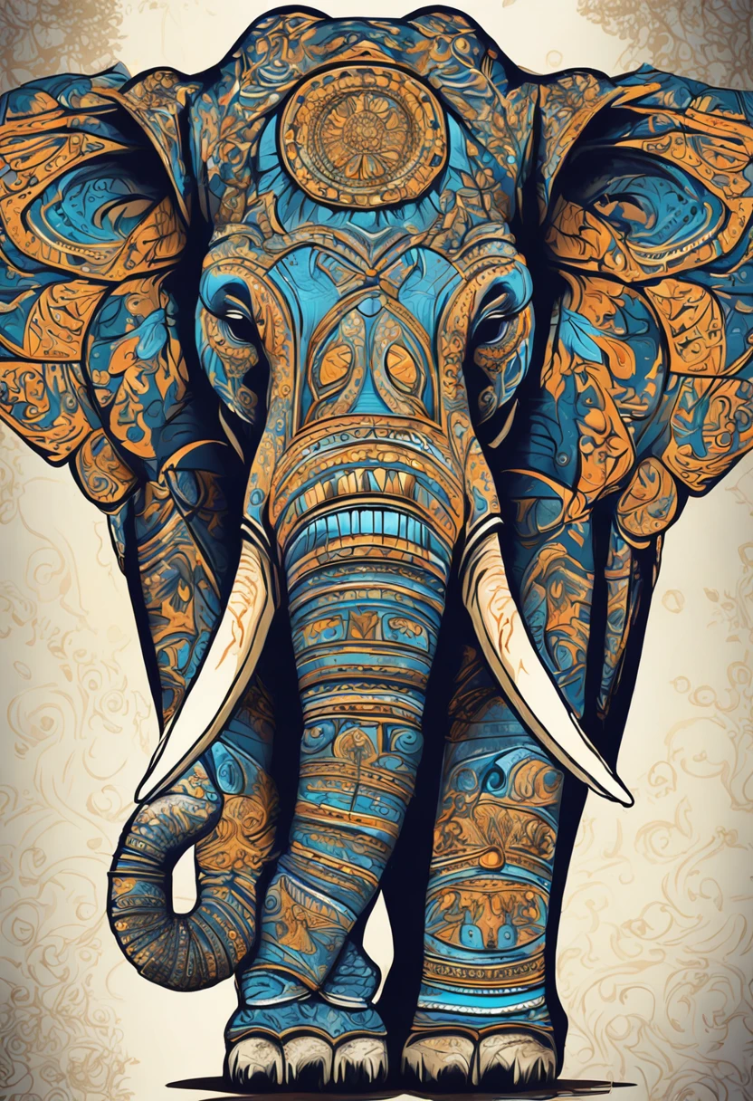 cabeza de elefante hindu adornada, ornamentos azules y dorados, vista hacia un lado, trompa en alto, Beautiful butterfly in the trunk. estylo acuarela, no fotorrealismo, Hentaii illusion type.