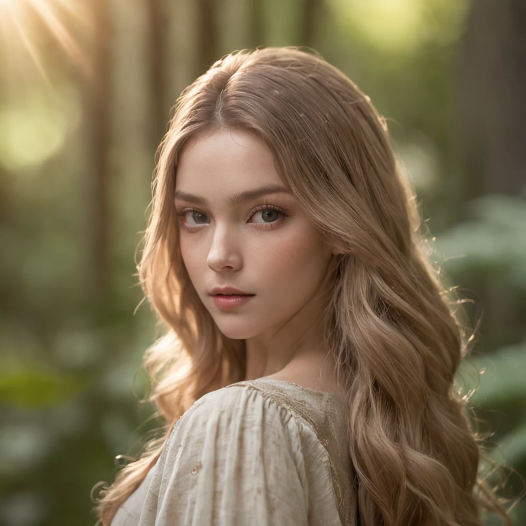 A 20 year old girl with wavy long blond hair, big dark brown eyes, and a perfect ovale face, rendered in a photorealistic style with sharp edges and a vibrant atmosphere, standing in a lush forest with a loose shirt and a bright sunbeam.