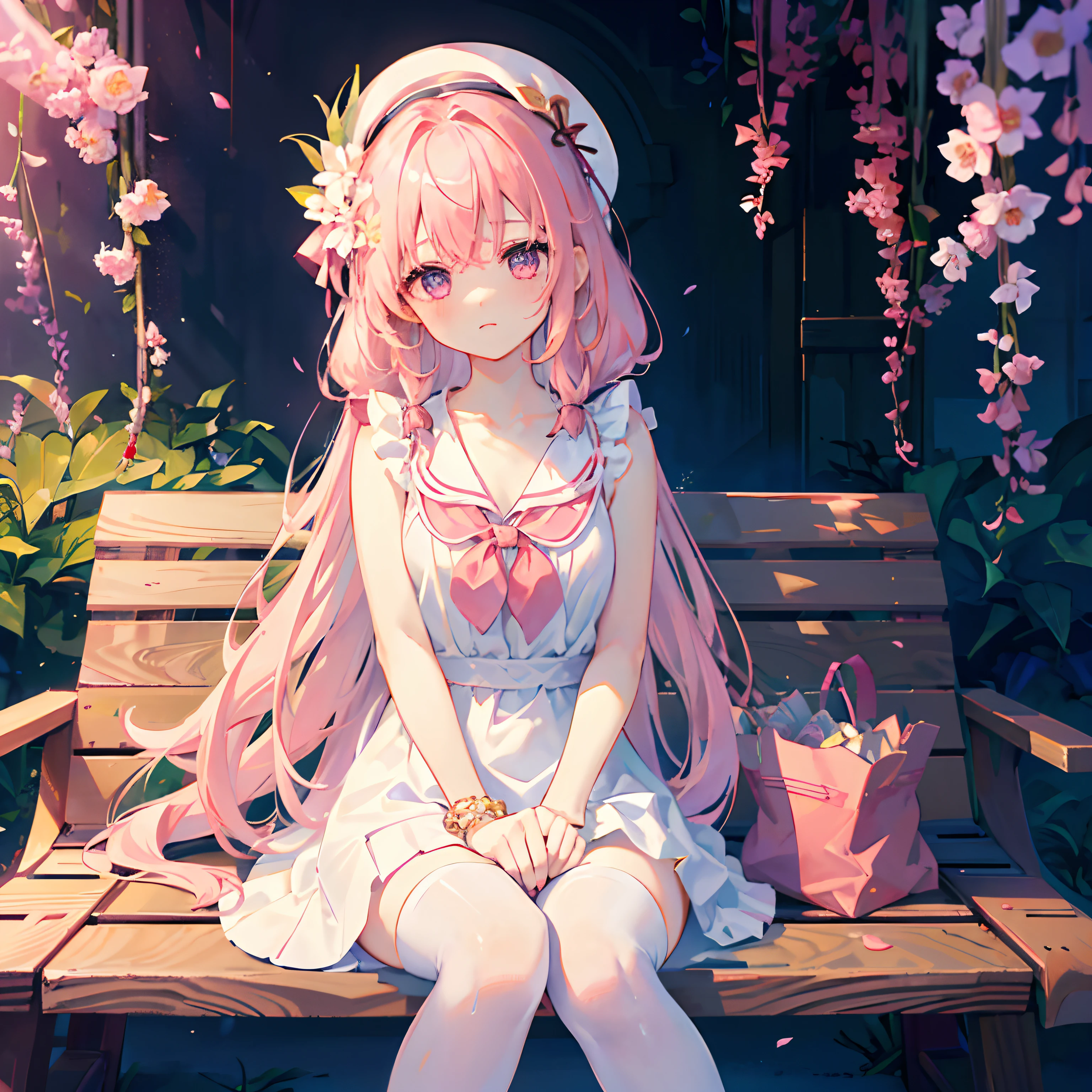 ｛1girll，独奏｝Long cherry blossom pink hair，Floating long hair，Single braid，Tie-up hair on one side，Red bandage，Staggered bangs，White color blouse，Delicate purple eyes，Bright pupils，The collarbone is clearly visible，White fedora，Short white dress，（Tsundere expression），red bowtie，（White one-piece stockings），Bare shoulders，Pink bracelet，Colorful petals，the cherry trees，benches，（sportrait：1.2），Tilt your head and look，Asphalt pavement，Carrying a pink school bag，（facial closeups：1.2），（eye closeup：1.2），Sitting，（solofocus：1.2），（Best quality at best），（extremely detaile），（Unique），（Delicate background），（Masterpiece），（Ultra-high resolution），（Very detailed 8k wallpapers），cinmatic lighting，Volumetriclighting，light particules，Face Shadow，（Fine beautiful face and eyes），depth of fields，ssee-through，hdr，Ray traching，dynamic scene，