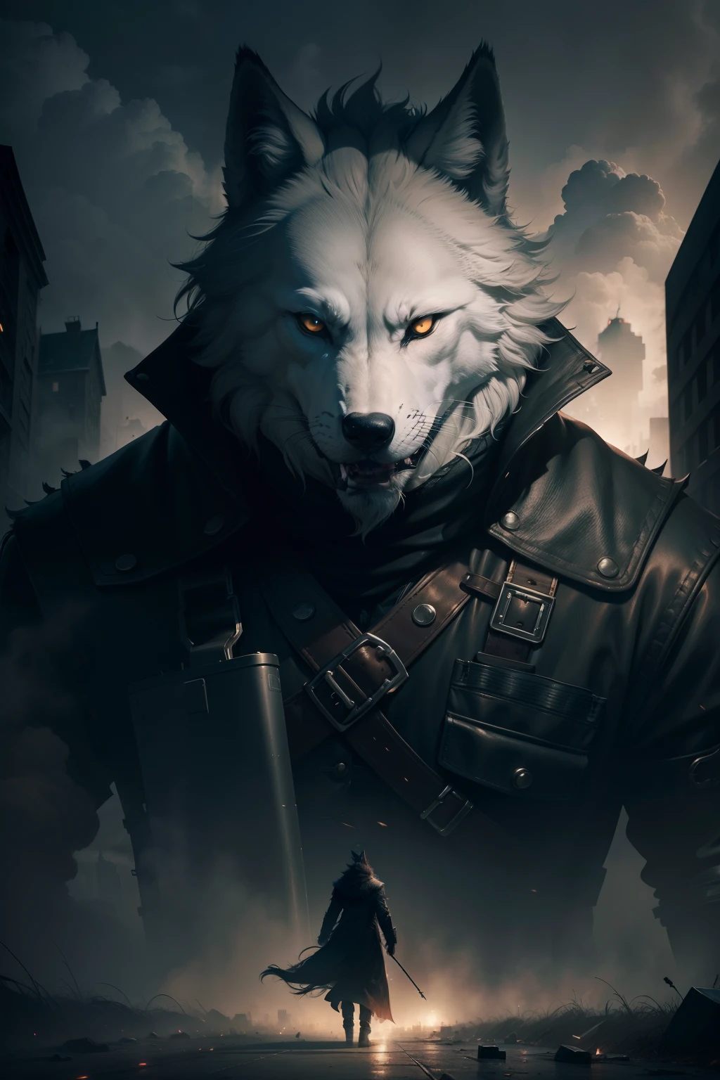 1man, masterpiece, gorgeous,strange head,wolf head, wolf, coat, 4k, streets, buildings, gun, pistol, smoke, high details, gorgeous, 4k, BREAK close up, scary, no humans, cinematic, dramatic,contrast, detailed background, standing, night,fog, wallpaper, misteryous, digital art, artistic BREAK madness, crazy