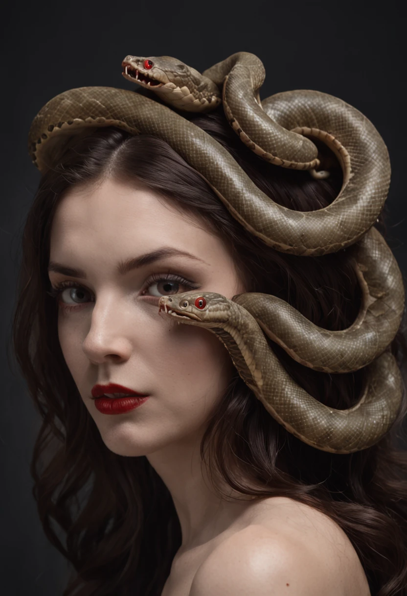 A woman with a snake head and red lipstick, fierce medusa, her many snakes as hair, young woman as medusa, portrait of medusa, Wax Medusa, portrait of teenage medusa, dark portrait of medusa, Medusa, with snakes for hair, very sad medusa, medusa head, medusa portrait painting, medusa made of soft wax, Snake in hair