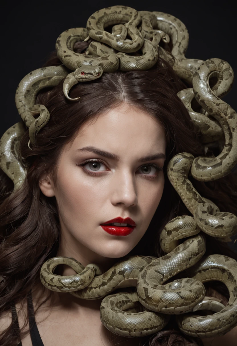 A woman with a snake head and red lipstick, fierce medusa, her many snakes as hair, young woman as medusa, portrait of medusa, Wax Medusa, portrait of teenage medusa, dark portrait of medusa, Medusa, with snakes for hair, very sad medusa, medusa head, medusa portrait painting, medusa made of soft wax, Snake in hair