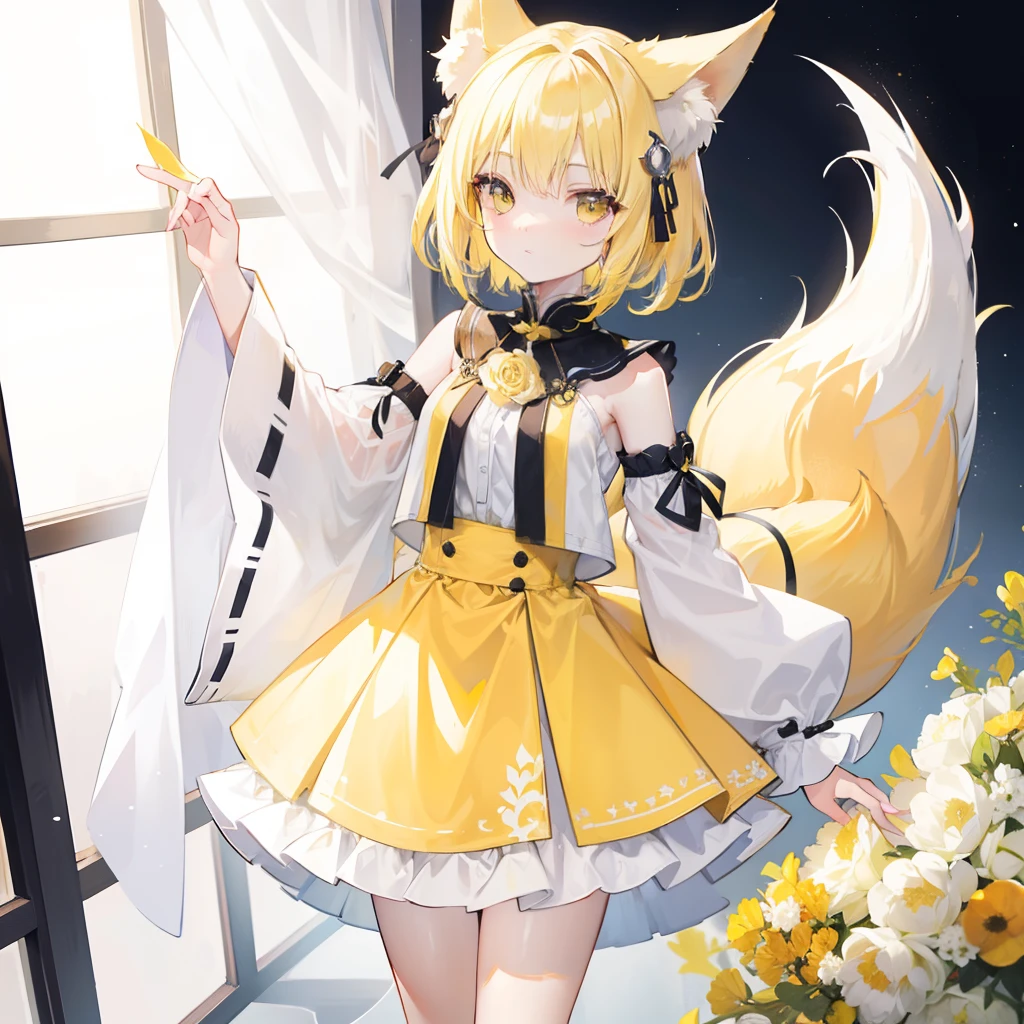 Short fluffy pale yellow hair,It has yellow fox ears,yellow eyes,Wear yellow and white,The one in white silk is a cute and cute girl
