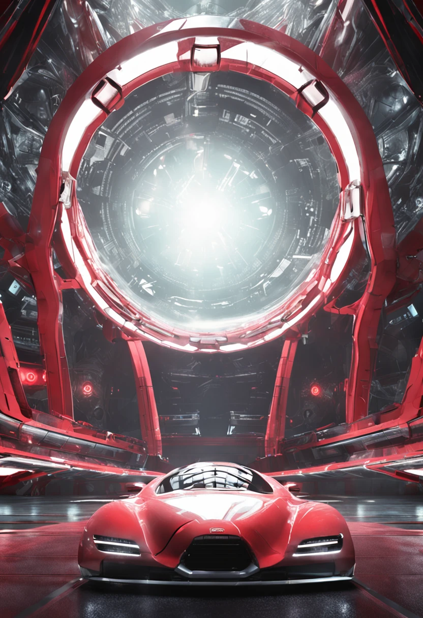 nave, extraterrestre vermelho com branco e preto,Transparent top in the shape of a dome, Realistic details and vivid textures. Tecnologia futurista,