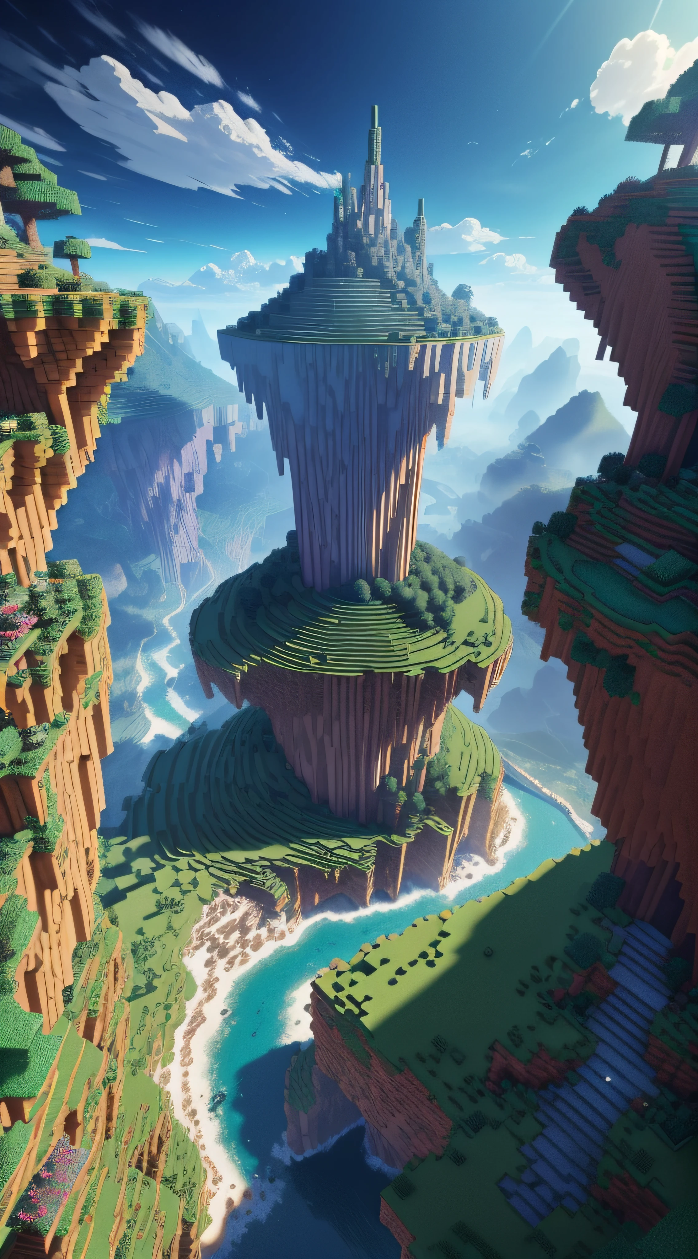 "Minecraft landscape with breathtaking vistas and stunning details, showcasing the best quality and craftsmanship. Immersive and expansive world filled with lush forests, rolling hills, sparkling waterfalls, and towering mountains. Vibrant and colorful biomes with diverse wildlife and majestic structures. Captivating lighting effects, realistic shadows, and captivating atmosphere. An enchanting and immersive adventure that will transport you into the exciting world of Minecraft."