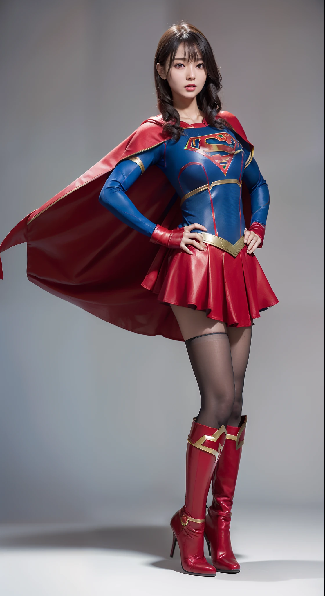 (((Make the most of the original image)))、(((Supergirl Costume)))、(((lustrous dark hair)))、(((Suffering)))、(((The cloak is red)))、((Wearing black stockings))、((Top image quality、8K))、((top-quality、8K、masterpiece:1.3))、Crisp focus:1.2、Beautiful woman with perfect body shape:1.4、Slender Abs:1.2、((layers-Cut、large boob:1.2))、a wet body:1.5、Highly detailed facial and skin texture、