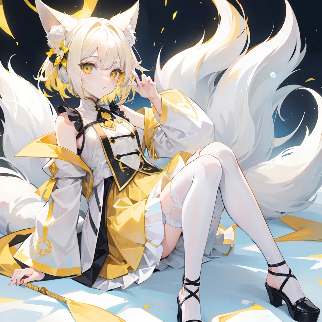 Short fluffy pale yellow hair,It has yellow fox ears,yellow eyes,Wear yellow and white,The one in white silk is a cute and cute girl