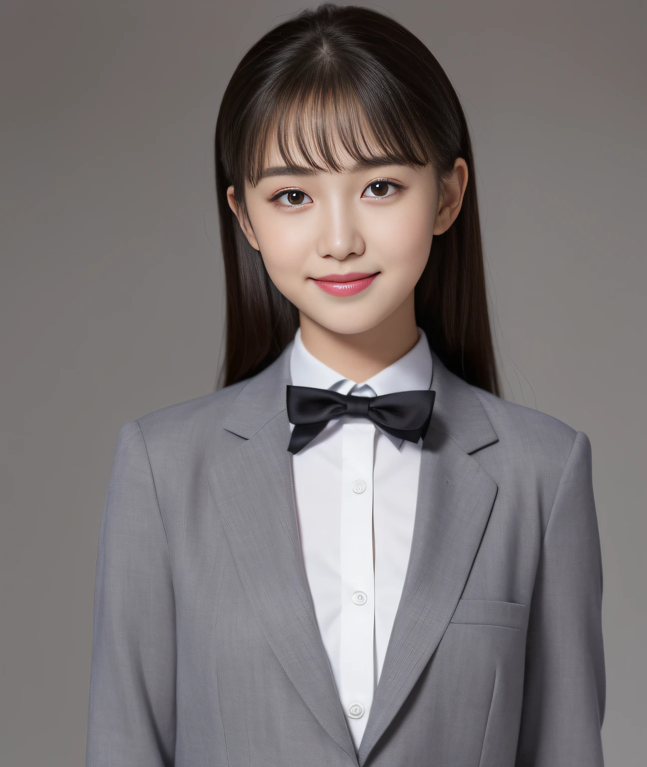 ((Best Quality, 8K, Masterpiece: 1.3)), a beauti, In addition, melon face, Friendly and cute, sweet smile, Pure desire, Slender body, (s whole body), (tilted head), ((looking at camera)), White dress, Medium Black Silky Straight Hair, Long flowing shoulders, round black big eyes, clear big eyes, moist red lips, Cafe shop background, ((full body shooting)), (Grey Blazer, bows, Sock, High school uniform: 1.2)