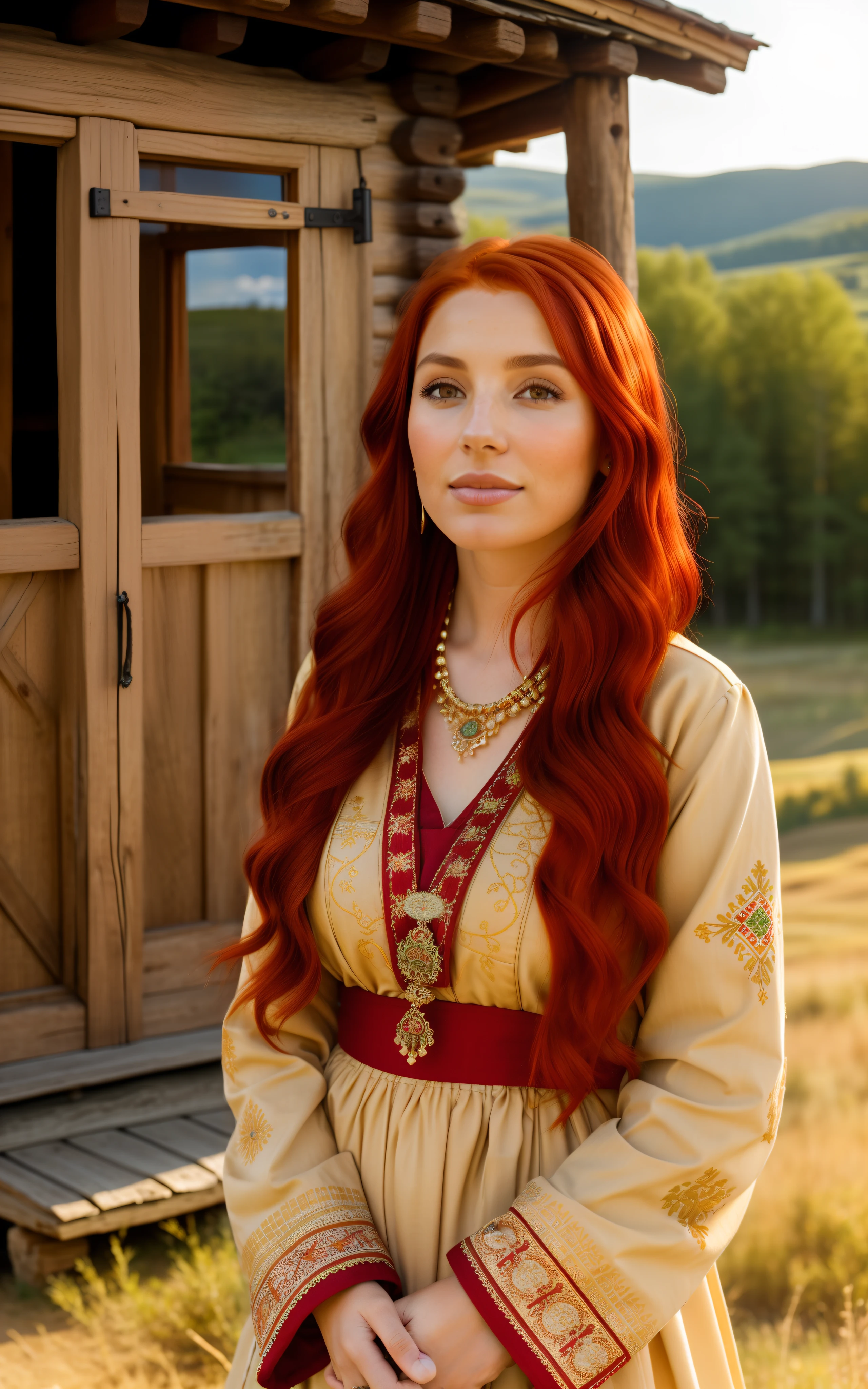 woman, (red hair:1.4), brown eyes, Polish ethnicity, (ethnic clothing:1.3), (ethnic jewelry:1.2), (traditional attire), (warm clothing:1.2), in front of a cabin, in the middle of plains, (sunny day), (golden hour), peaceful surroundings, (vast landscape:1.2), calm atmosphere, (serene mood), authentic representation, (cultural heritage), (nostalgic charm), (detailed textures), realistic lighting, high quality, (soft shadows), (rich colors), (natural hues), (soft focus), (subtle depth of field), (captivating composition), (traditional architecture), (rustic details), (ethnic elements), (cultural significance), (warm tones).