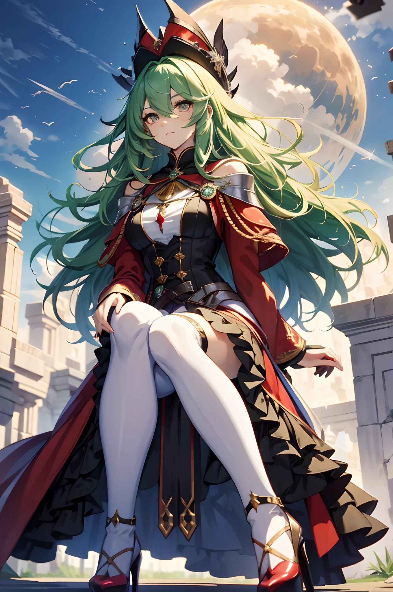 best qualityer,tmasterpiece,Ultimate resolution,downy,Extremely colorful,Colorful,Skysky,hilltop,(Red magic robe long dress),Long flowing green hair,The Witch,a matural female,red high heel pumps,Sit on a magical broom,flight,Normal posture