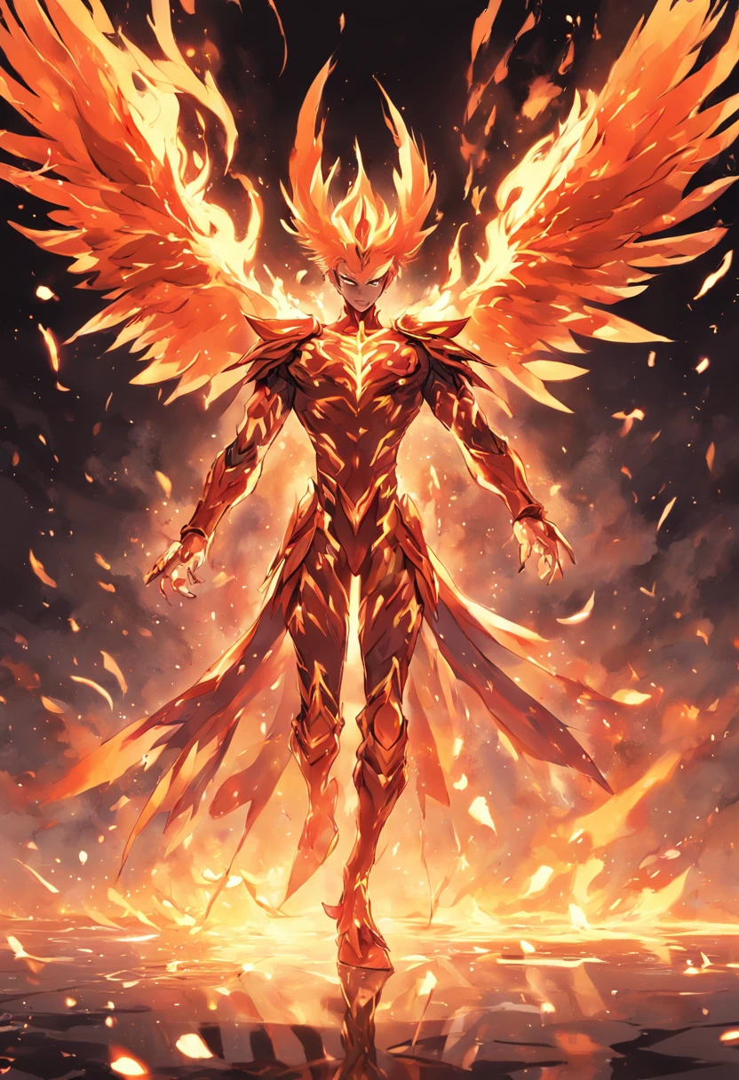 Ikki of Phoenix, 1 homem, Phoenix Knight , Anime Knights of the Zodiac , Anime Saint Seyia, imagem fantasia, Phoenix knight walking engulfed in flames, Phoenix bird behind the knight covering with its wings, Perfect Phoenix Armor