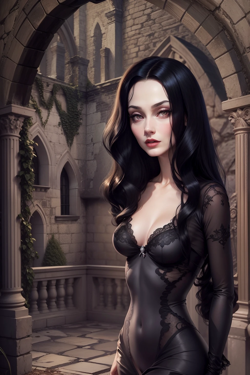 Morticia Addams nude at the old castle, pubic hair, black hair, perfect eyes, beautiful face