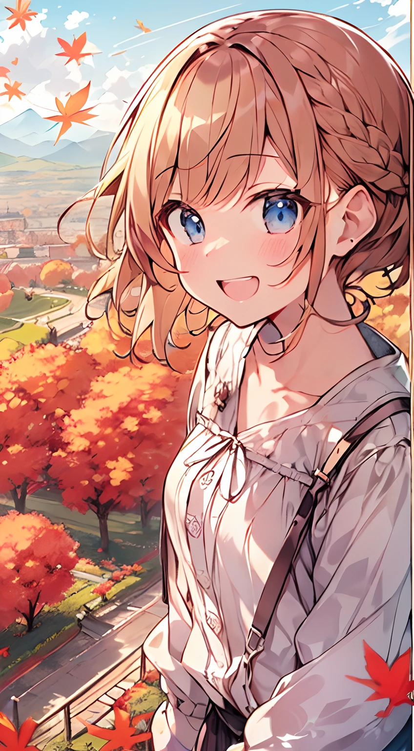 masutepiece, Best Quality,Illustration, Wallpaper, Ultra Detail, Absurd beauty, 1loli、(Medium short hair、short braided hair), Beautiful ultra-detailed eyes , Hair fluttering in the wind、A mischievous smile、♡、Smaller head、Autumn landscape、(a panoramic view:1.5)