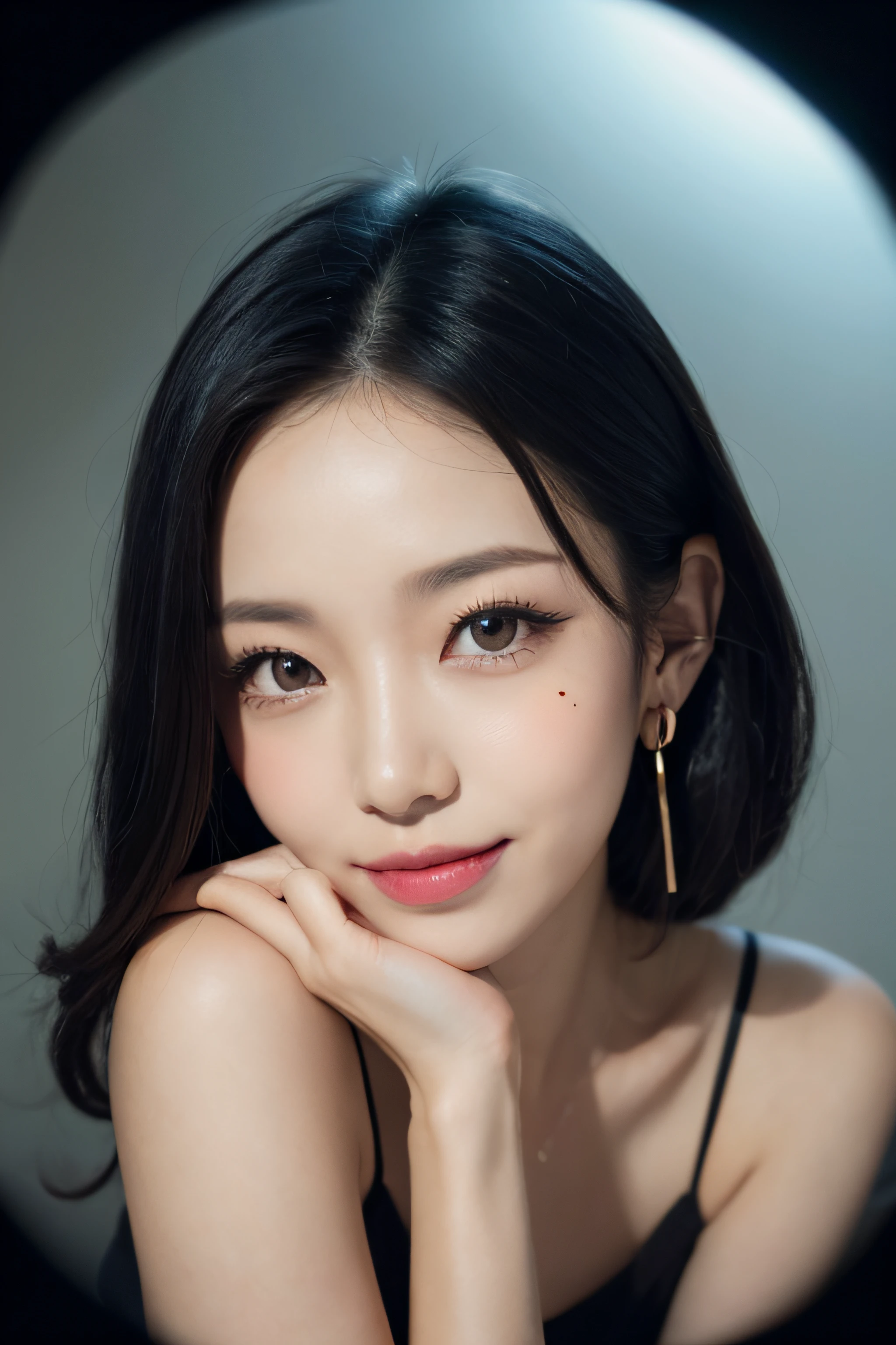 black hair, hair bobbles, longeyelashes, solid circle eyes, light smile, mole under eye, heart earrings, light smile, shy, puckered lips, Surrealism, drop shadow, stereogram, pov, atmospheric perspective, depth of field, first-person view, f/1.8, 8k, super detail, ccurate, best quality, highres, best quality,full body