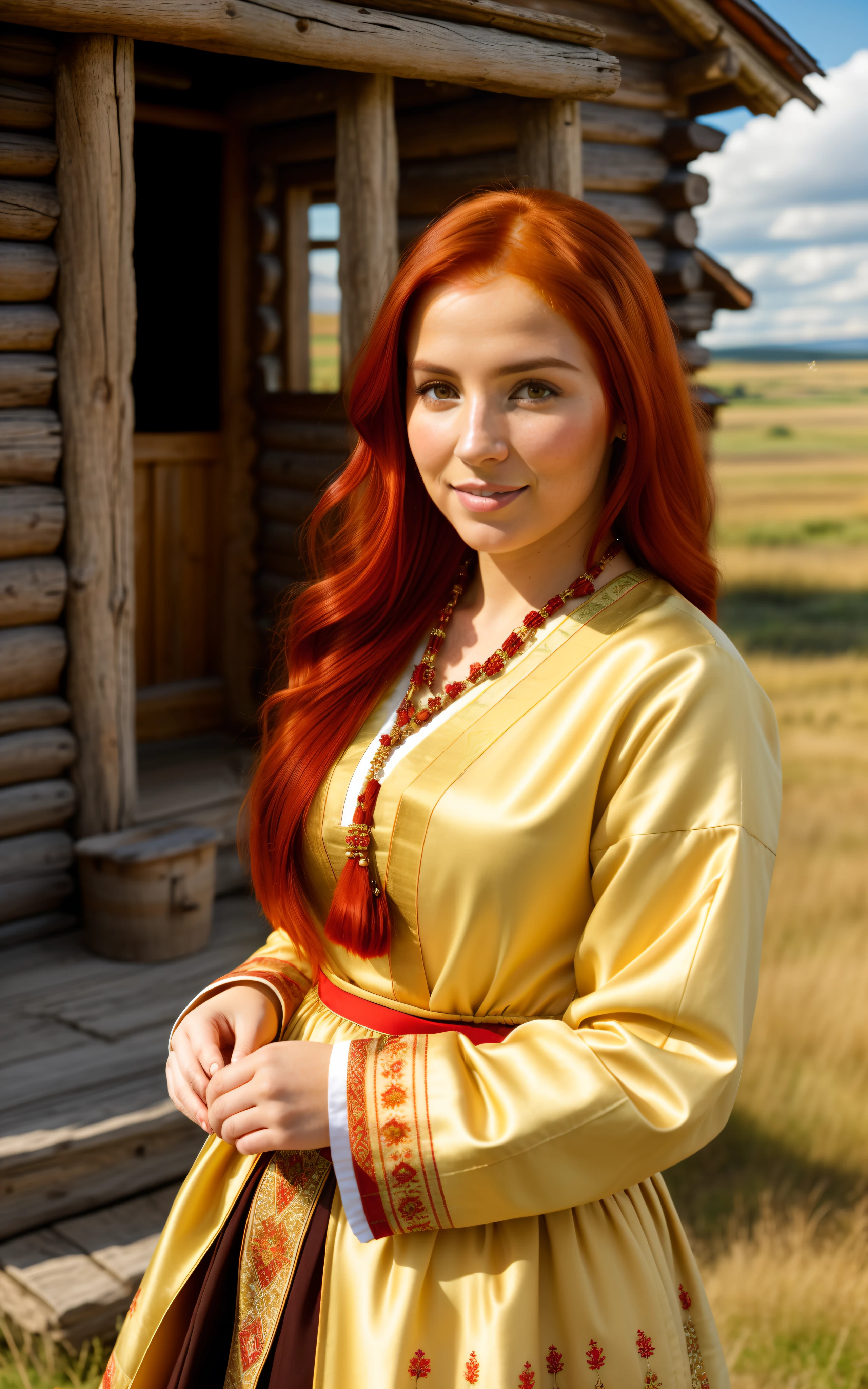 woman, (red hair:1.4), brown eyes, Polish ethnicity, (ethnic clothing:1.3), (ethnic jewelry:1.2), (traditional attire), (warm clothing:1.2), in front of a cabin, in the middle of plains, (sunny day), (golden hour), peaceful surroundings, (vast landscape:1.2), calm atmosphere, (serene mood), authentic representation, (cultural heritage), (nostalgic charm), (detailed textures), realistic lighting, high quality, (soft shadows), (rich colors), (natural hues), (soft focus), (subtle depth of field), (captivating composition), (traditional architecture), (rustic details), (ethnic elements), (cultural significance), (warm tones).