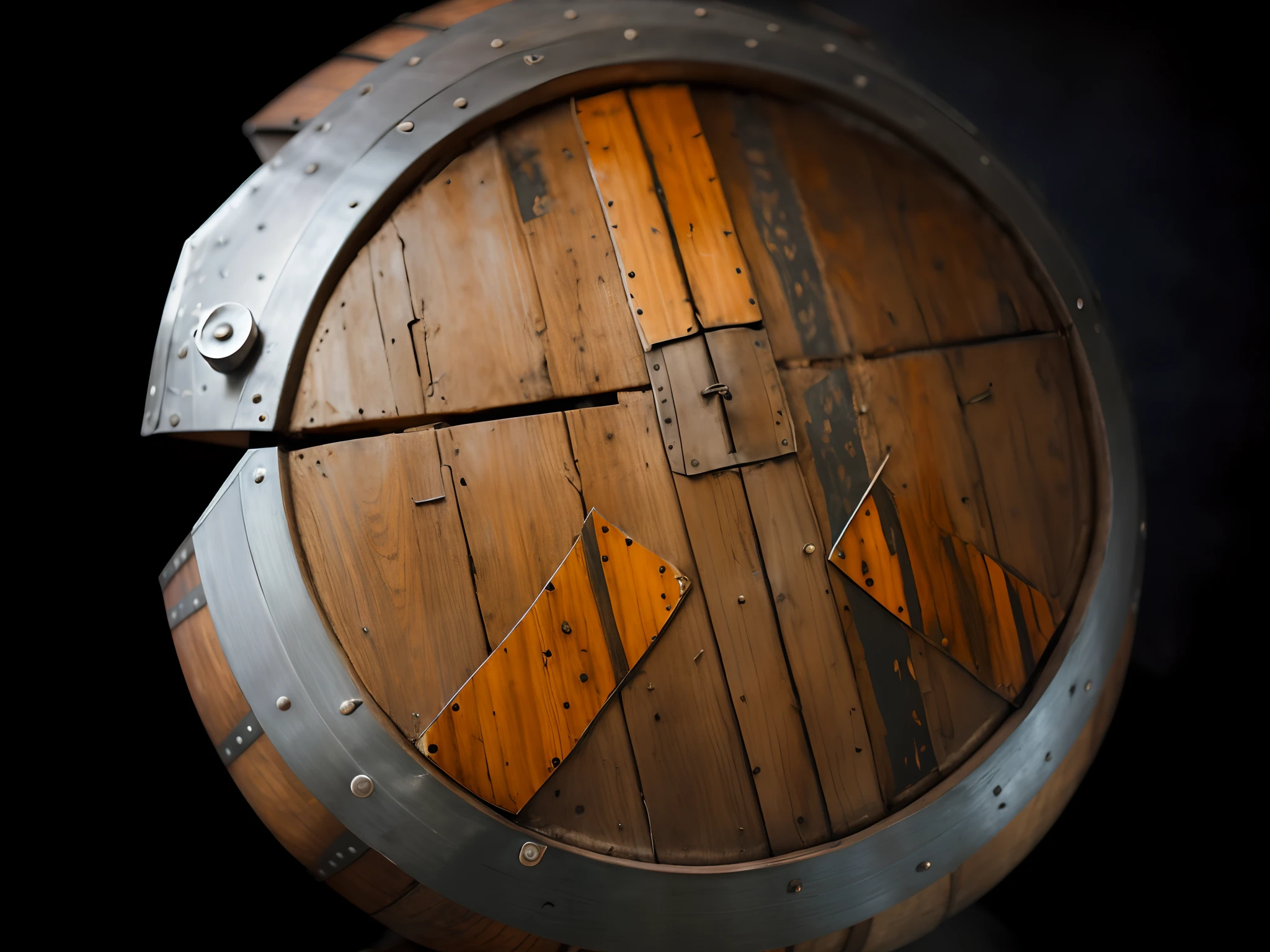 Oak barrel bottom lid，Shabby wooden round shield，The outer ring metal is severely damaged，, Cracks in the armor, Glowing cracks in the armor, shield design, hardsurface armour, ancient symbol behind it, Steel, cracked steel, riot shield, damaged armor, metal skin with some scratches
