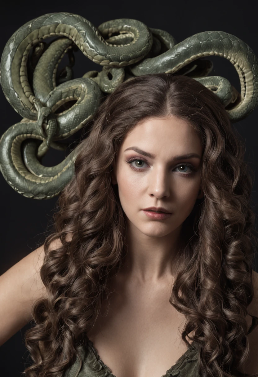 1 woman, Medusa, fierce, snakes as hair, young lady as Medusa, portrait of Medusa, wax figure of Medusa, portrait of young Medusa, dark portrait of Medusa, Medusa, hair made of snakes, very sad Medusa, Medusa head, Medusa portrait painting, Medusa made of soft wax, snakes in hair.