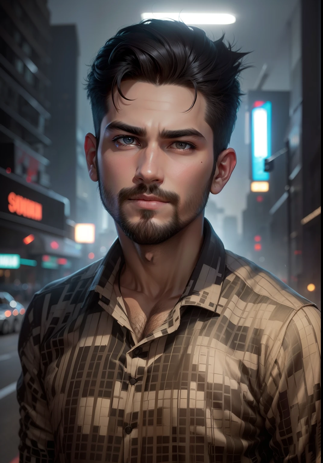 Change background cyberpunk and change colour to black and white of shirt and hair style no change and beard style is same but in small and no change in face size and eyes ,nose, lips, cheek ,head ,cheek size is thick ,eyebrows are same handsome boy realstic photo only one light source in front of his face,the face is looking  happy and do not change in face size