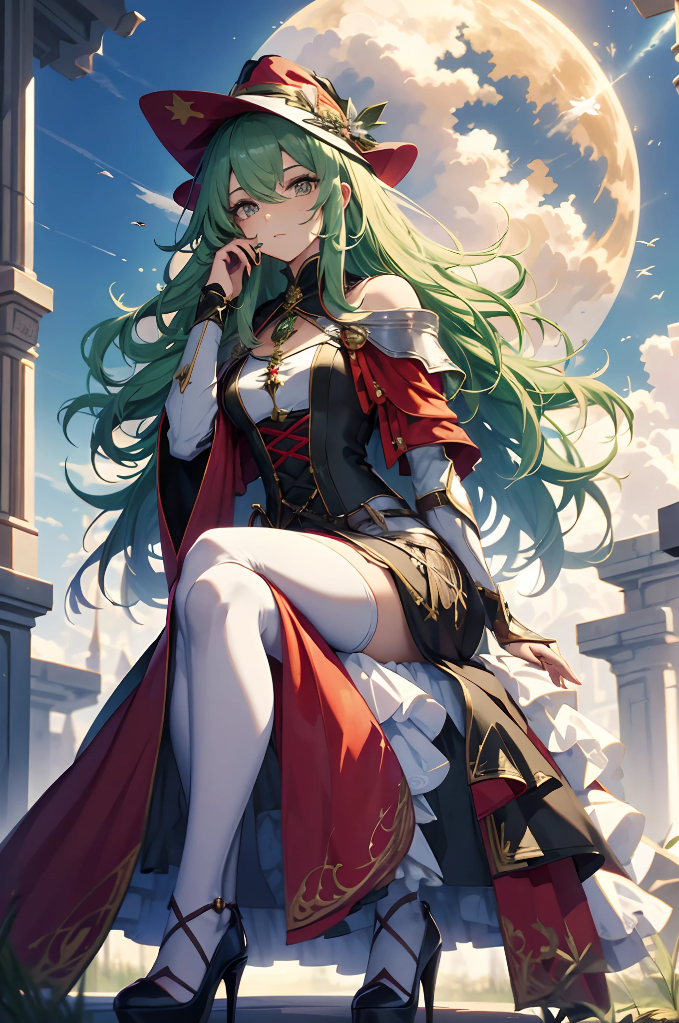 best qualityer,tmasterpiece,Ultimate resolution,downy,Extremely colorful,Colorful,Skysky,hilltop,(Red magic robe long dress),Long flowing green hair,The Witch,a matural female,red high heel pumps,Sit on a magical broom,flight,Normal posture