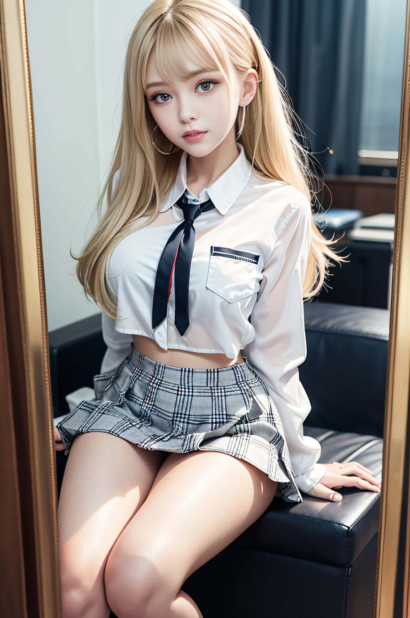 portlate、School Uniforms、bright expression、poneyTail、Young shiny shiny white shiny skin、Best Looks、Blonde reflected light、Platinum blonde hair with dazzling highlights、shiny light hair,、Super long silky straight hair、Beautiful bangs that shine、Glowing crystal clear attractive big blue eyes、Very beautiful nice cute 16 year old girl、Lush bust、White and beautiful blouse、with slit、((full body seen))、Beautiful face、Clothes look cramped in the chest、Loose and fluffy perm、Pleated skirt with many checked folds、no-bra、Well-formed face、