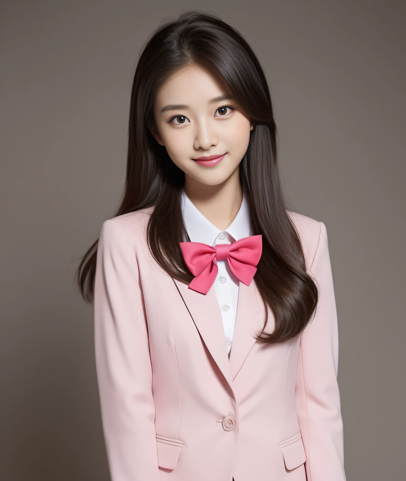 ((Best Quality, 8K, Masterpiece: 1.3)), a beauti, In addition, melon face, Friendly and cute, sweet smile, Pure desire, Slender body, (s whole body), (tilted head), ((looking at camera)), White dress, Medium Black Silky Straight Hair, Long flowing shoulders, round black big eyes, clear big eyes, moist red lips, Cafe shop background, ((full body shooting)), (Pink Blazer, bows, Sock, High School Uniform: 1.2)