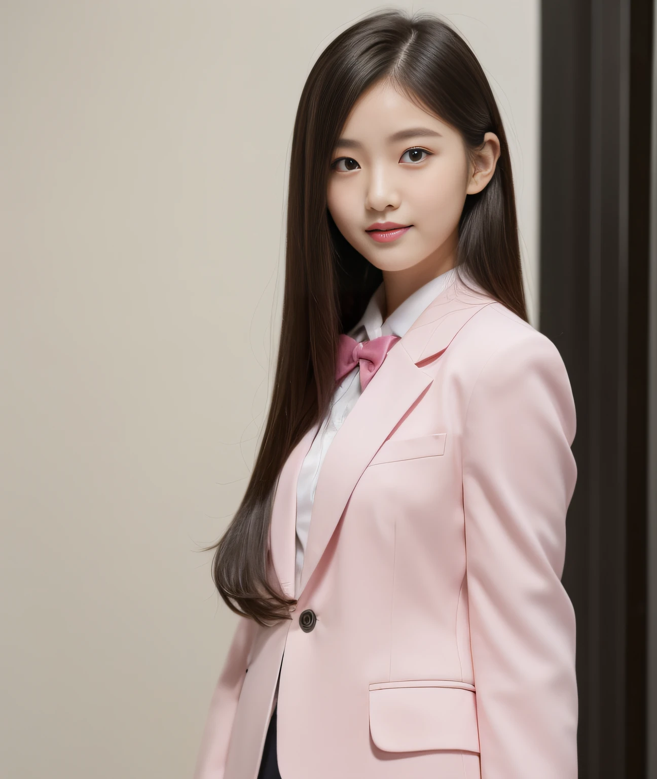 ((Best Quality, 8K, Masterpiece: 1.3)), a beauti, In addition, melon face, Friendly and cute, sweet smile, Pure desire, Slender body, (s whole body), (tilted head), ((looking at camera)), White dress, Medium Black Silky Straight Hair, Long flowing shoulders, round black big eyes, clear big eyes, moist red lips, Cafe shop background, ((full body shooting)), (Pink Blazer, bows, Sock, High School Uniform: 1.2)