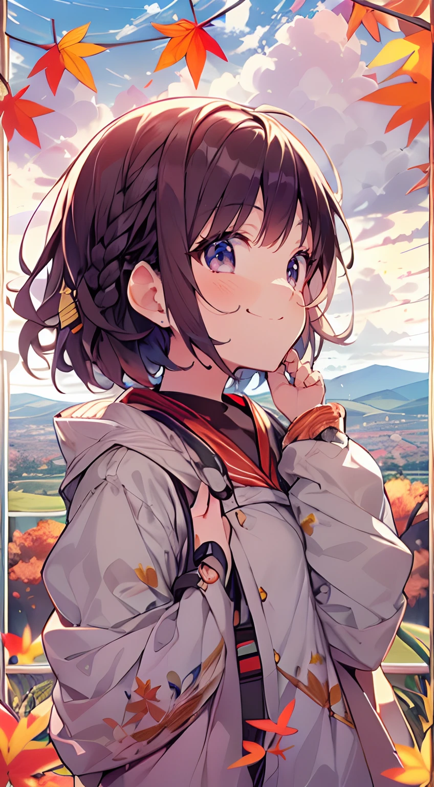 masutepiece, Best Quality,Illustration, Wallpaper, Ultra Detail, Absurd beauty, 1beautiful girl、(Medium short hair、short braided hair), Beautiful ultra-detailed eyes , Hair fluttering in the wind、A mischievous smile、♡、Smaller head、Autumn landscape、(a panoramic view:1.5)