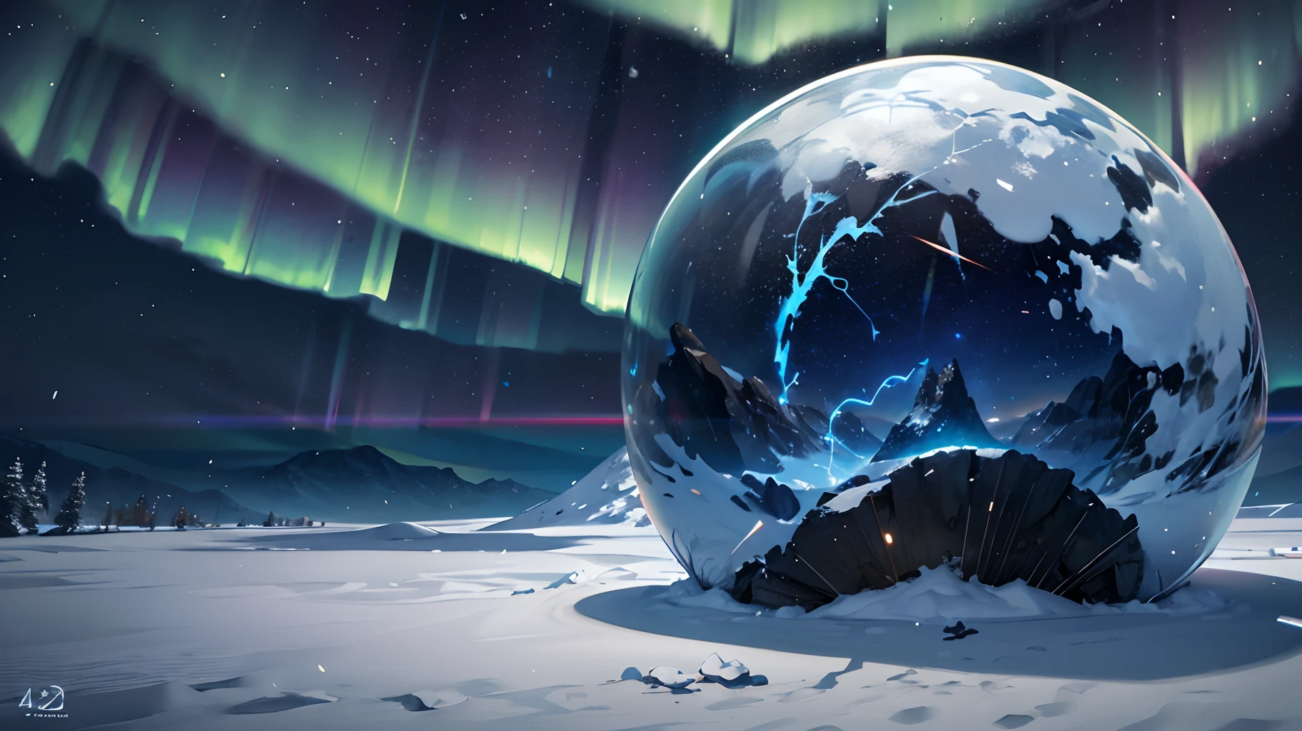 Gigantic sphere of plaster impacted with the mountain with little snow, medieval environment, huge cracks, purple and blue neon lights, flames coming out of the inside, lawn, background night sky highly full of stars and aurora boreais, full HD, 3D, 4K, ultra realistic, ultra detailed, hyper realism, hyper perfectionist, ultra magnificent, highly extraordinary, rigidly sensational, ultra sublime, hyper exquisite, ultra In-depth, hyper-accurate, highly accurate, very thorough, extremely particularized, rich in uniqueness, hyper-pragmatic, abundant in common sense. --auto --s2