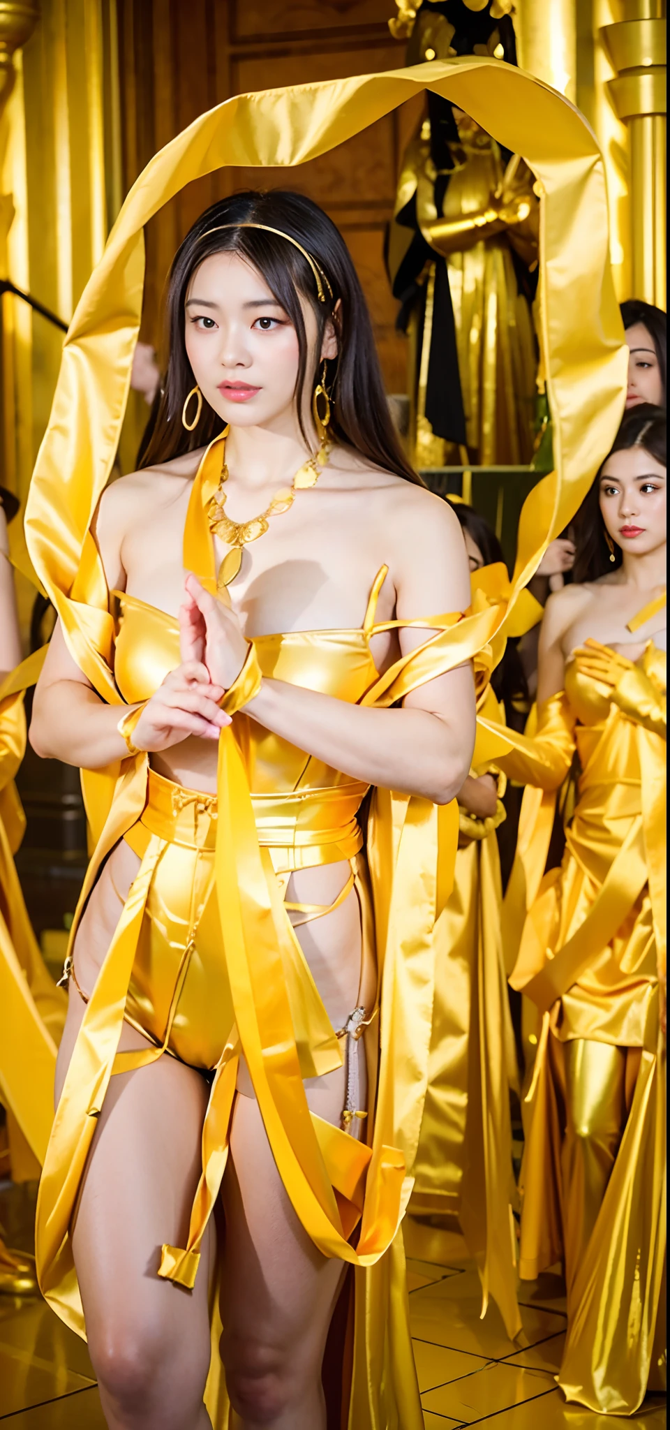 1girl in、top-quality、masterpiece、超A high resolution、(Photorealsitic:1.4)、Raw photo、Deities々Goddess Sibit、(Face of 15 year old beautiful girl)、Straight long hair、glowy skin、Dramatic、(Golden See-Through Competition Swimwear)、(Golden transparent fluttering robe)、(Golden Buddha Statue)、(Golden Guanyin Bodhisattva Statue)、((Golden Very Small Tiara))、(Pray)(Standing whole body)、((delicate finger、Delicate hand))、(delicate paws)、(large full breasts、Clean raised bust)、(Rocket Tits)、((Golden garter stockings))、((Golden Ancient Greek Temple))(Golden wall decorated with gold)、(Blur the background)、(One boob is visible、large areola is visible、 to stand)、(Woman Praying)、(Pray with Your Hands Together)、Full body、standingn、Pray with Your Hands Together、goddes、